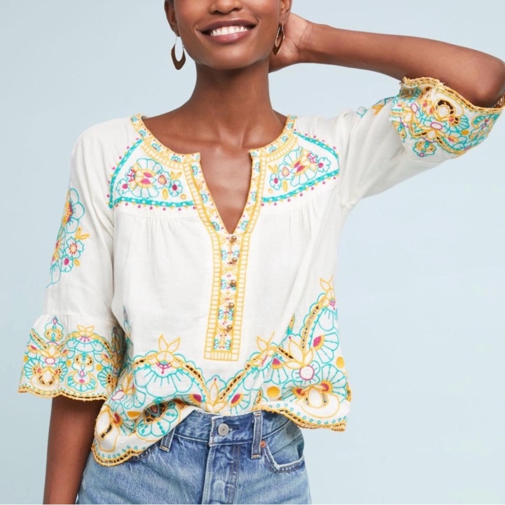 Embroidered Split-Neck Peasant Blouse - White
